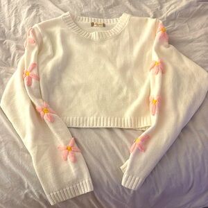 Altar’d State White Sweater with pink flower detail